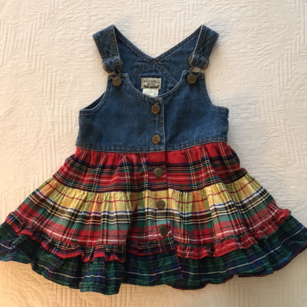 Rachel’s Kids Multi Media Red Plaid Mixture & Blue Denim Overalls Dress 4 Girl’s